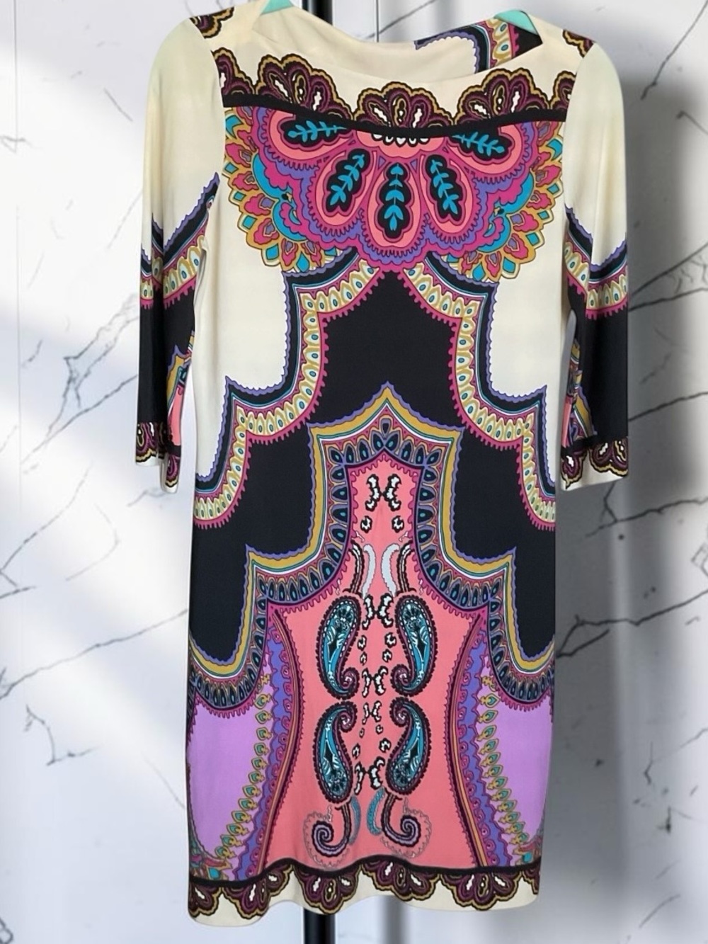 Donna Morgan Paisley stretch Jersey Dress, P2P:17-19.5”, L:36.5”, NWOT